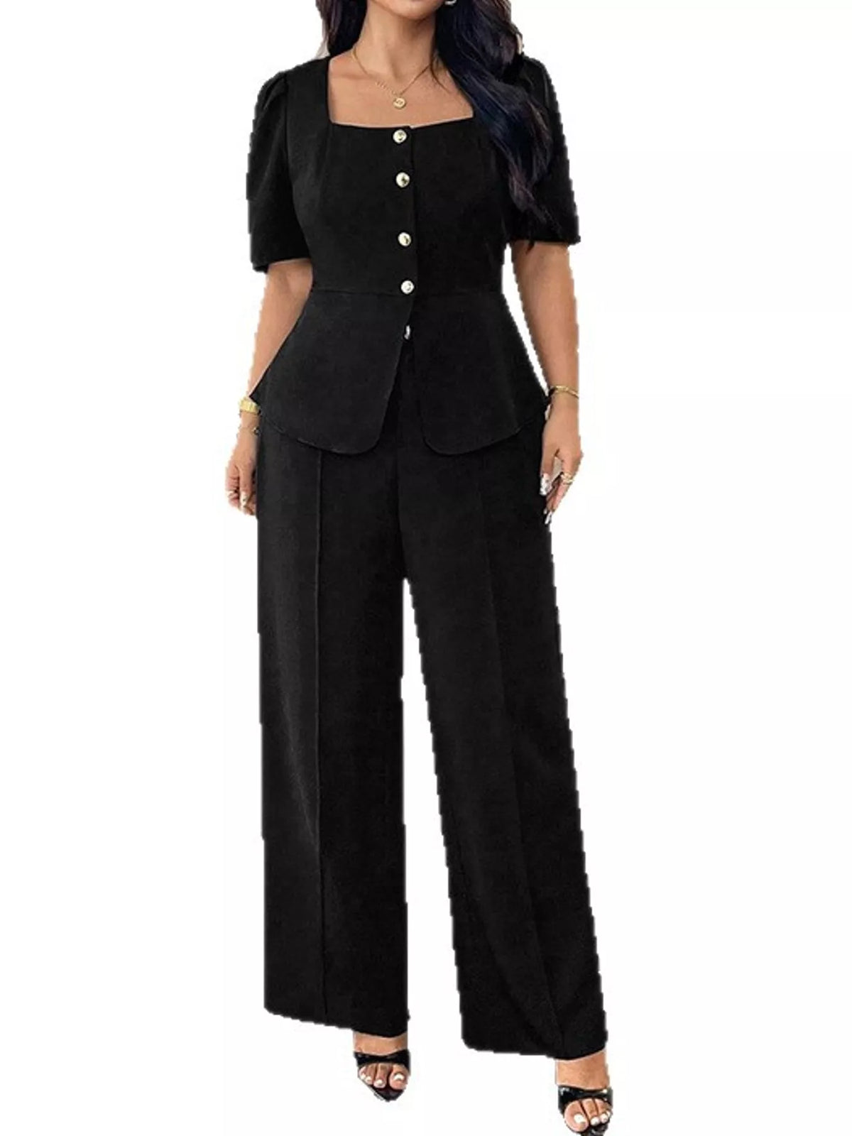 Plus Size Peplum Top and Wide-Leg Pants Two-Piece Set - Black - View 4