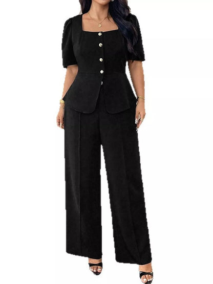 Plus Size Peplum Top and Wide-Leg Pants Two-Piece Set - Black - View 4