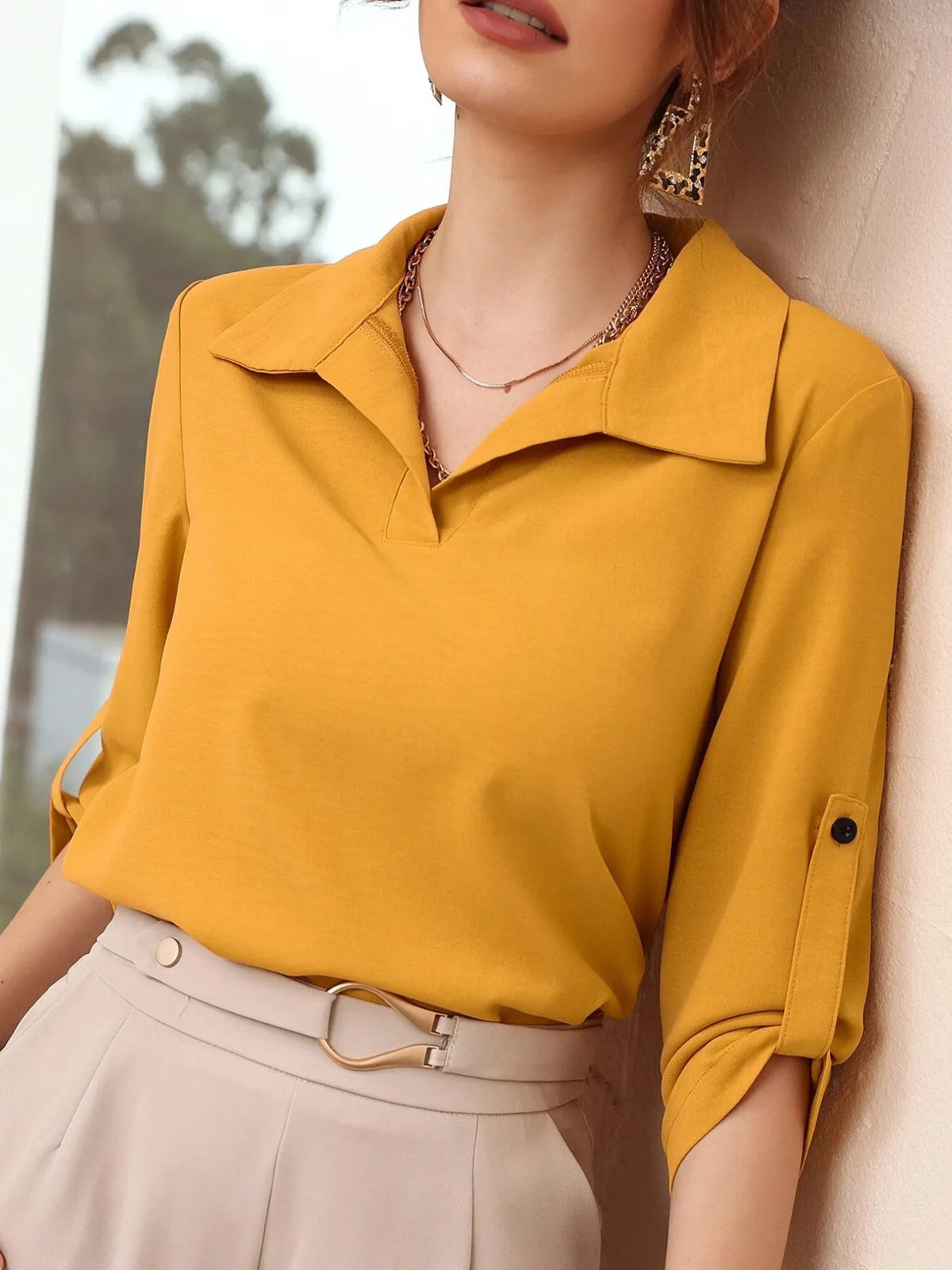 Collared Neck Half Sleeve Blouse - Yellow - View 2