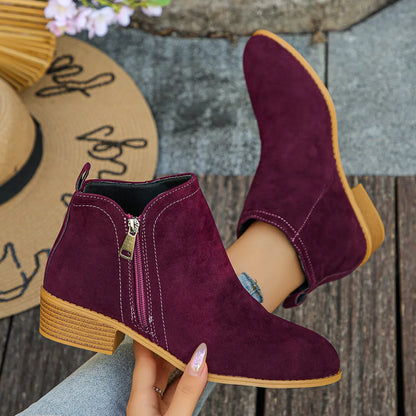 Point Toe Block Heels Boots - Burgundy - View 5