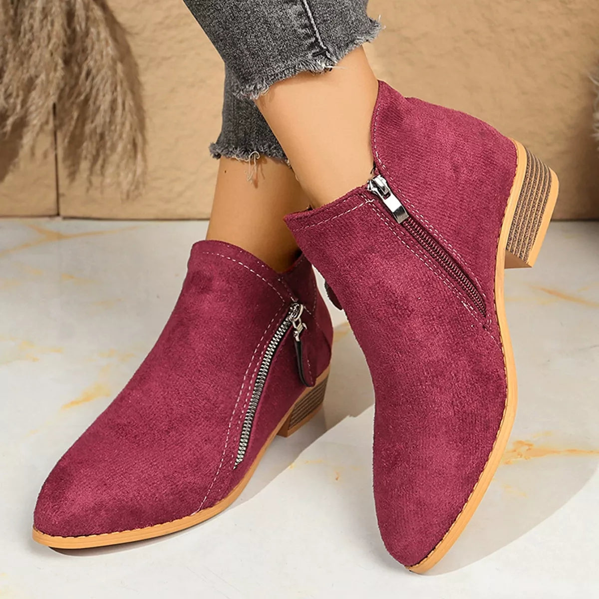 Point Toe Block Heels Boots - Purple Red - View 7
