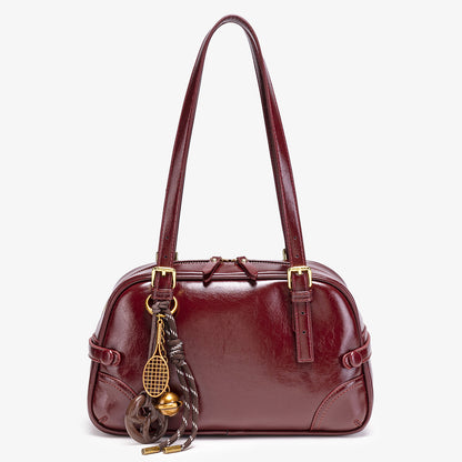Vintage Style Leather Shoulder Bag - Red - View 4