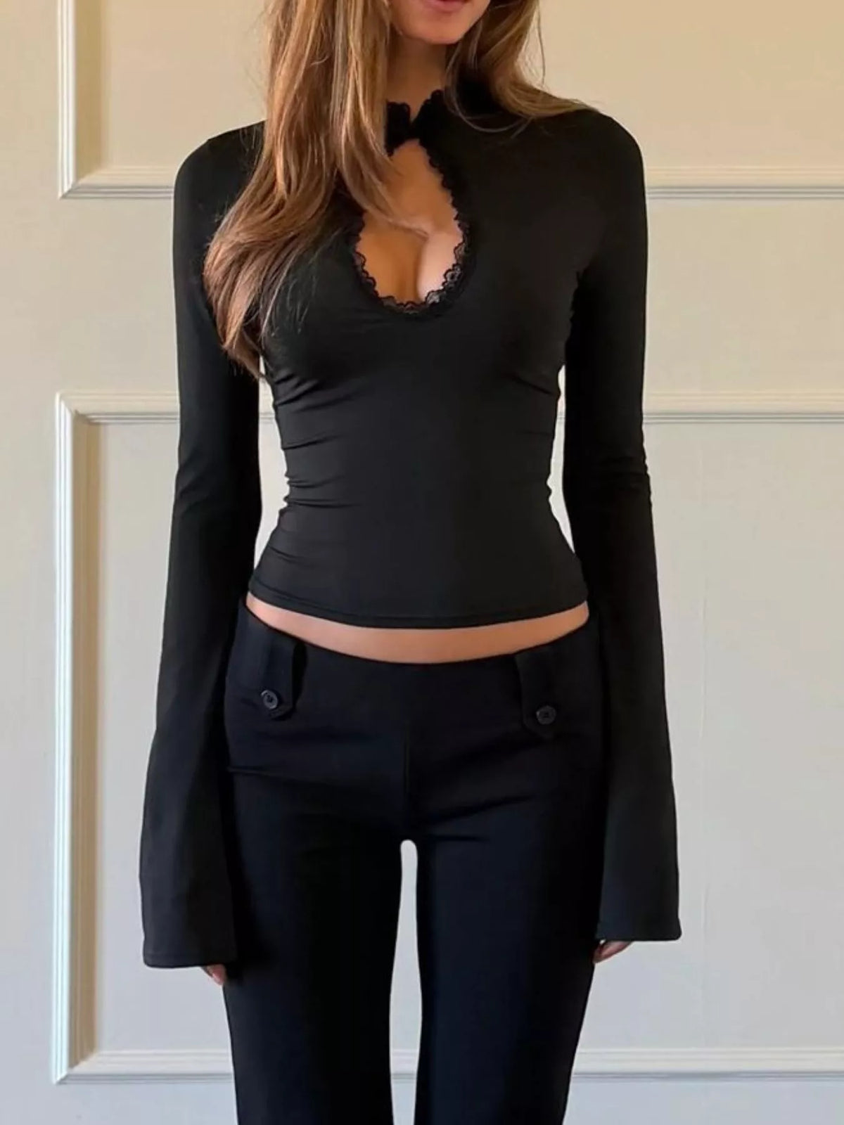 Lace-Trimmed Keyhole Long Sleeve T-Shirt - Black - View 2