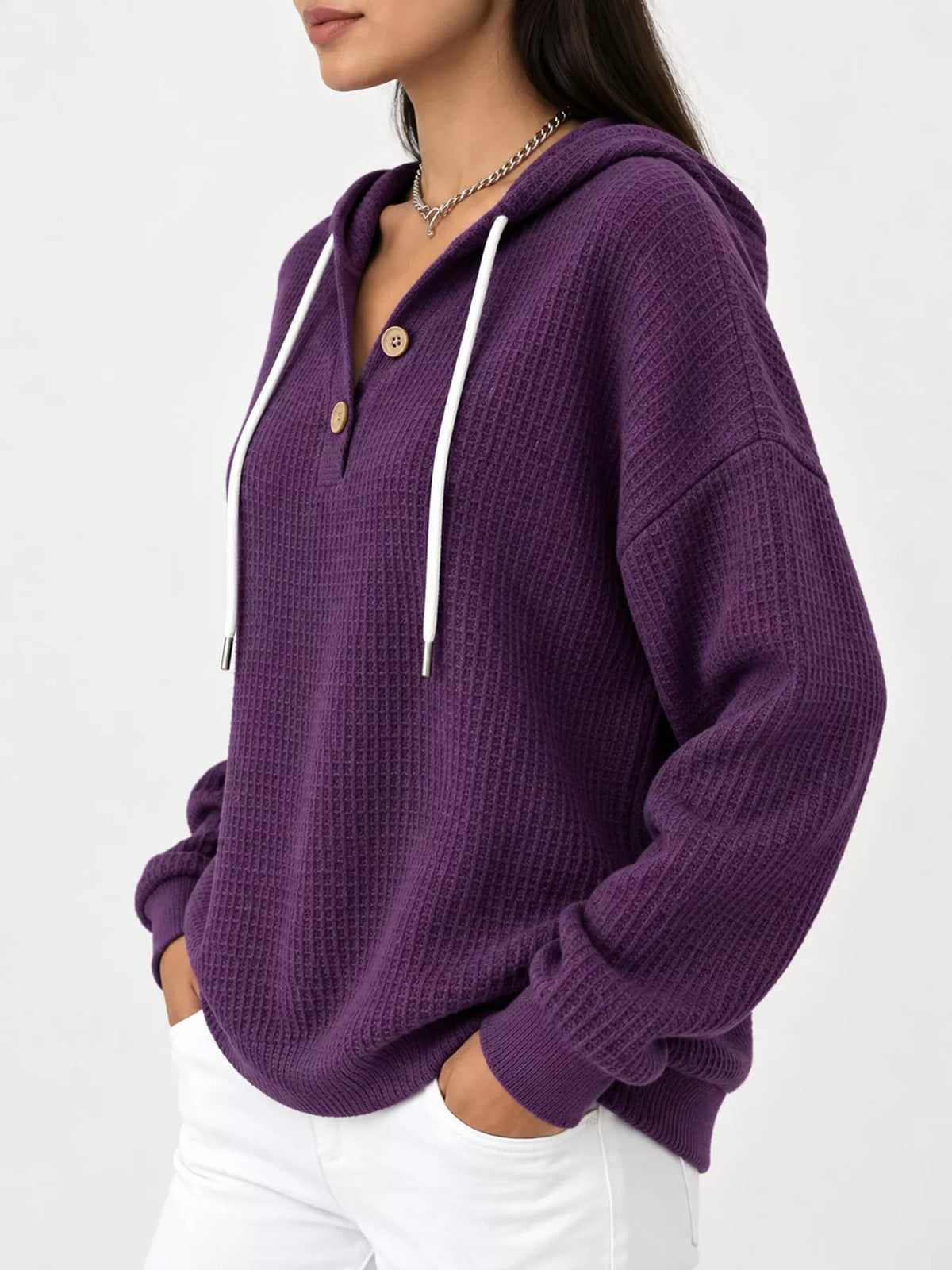 Full Size Waffle Knit Button Detail Hoodie Plus Size - Purple - View 41