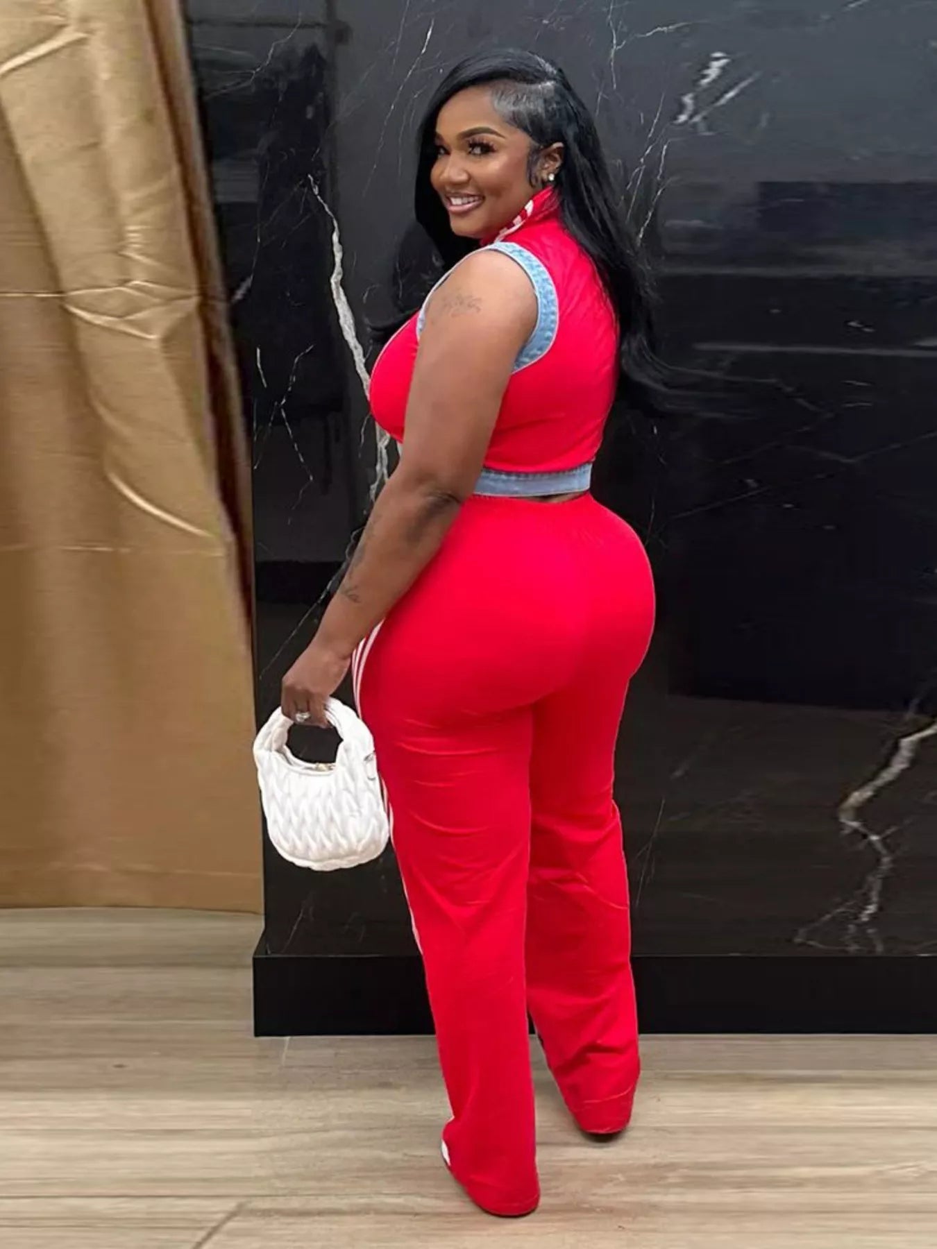 Zip Front Crop Top and Striped Pants Set - Red - Styled Three Quarter Rear View