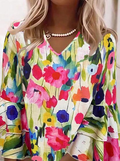 Floral Print Tiered Ruffle Sleeve Casual Mini Dress - Multicolor - View 4