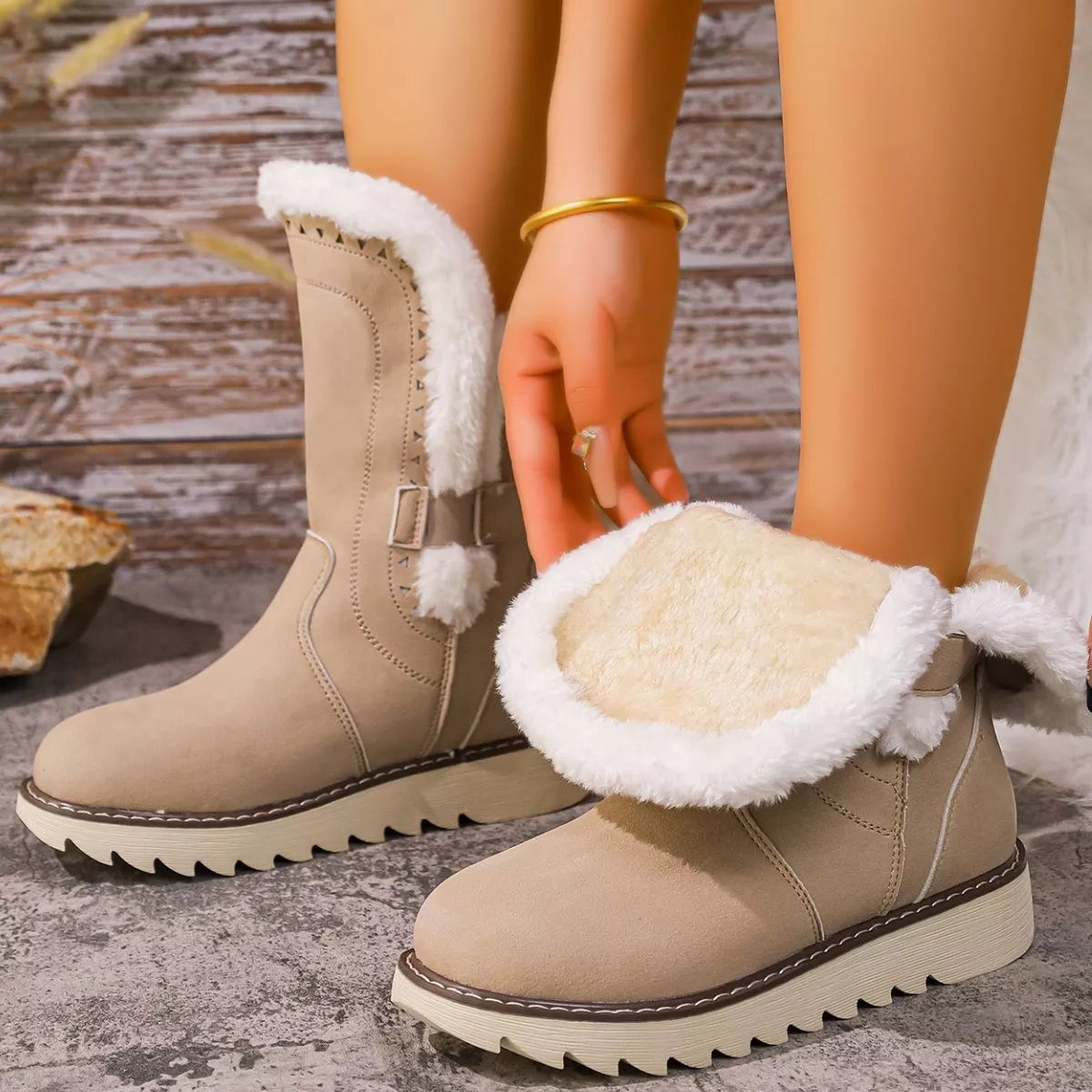 Round Toe Platform Boots - Khaki - View 9