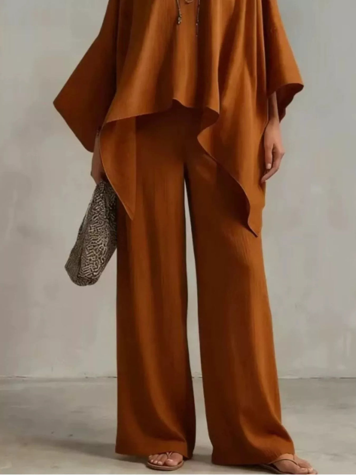 Loose Fit V-Neck Top and Pants Two-Piece Set - Caramel - View 2
