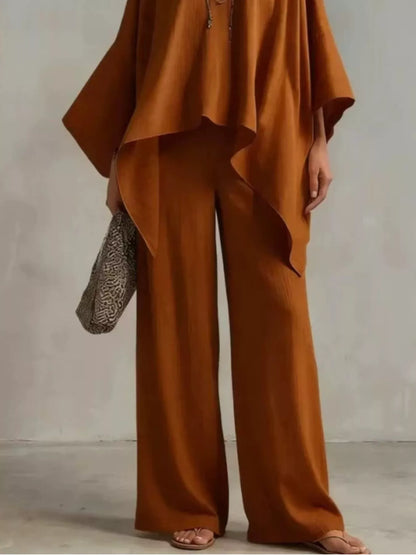 Loose Fit V-Neck Top and Pants Two-Piece Set - Caramel - View 2
