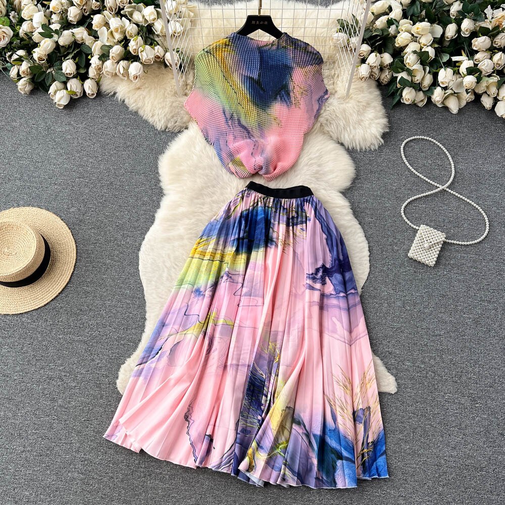 [EWQ] Elegant Short sleeved women's shirt+high waisted pleated skirt trend  2-piece set Summer vacation party clothing