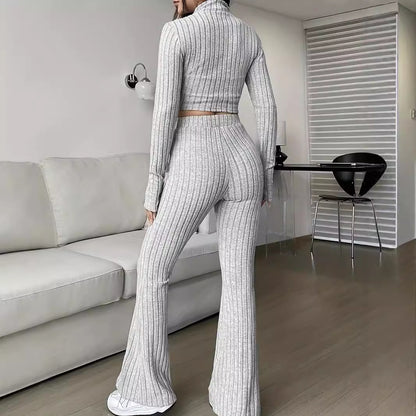 Fashion Solid Ribbed Two-Piece Set, Zip-Up Long Sleeve Cropped Top and High-Waisted Flared Pants Set, Women's Casual
