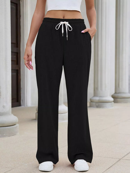 High-Waisted Drawstring Wide-Leg Casual Pants - Black - View 3