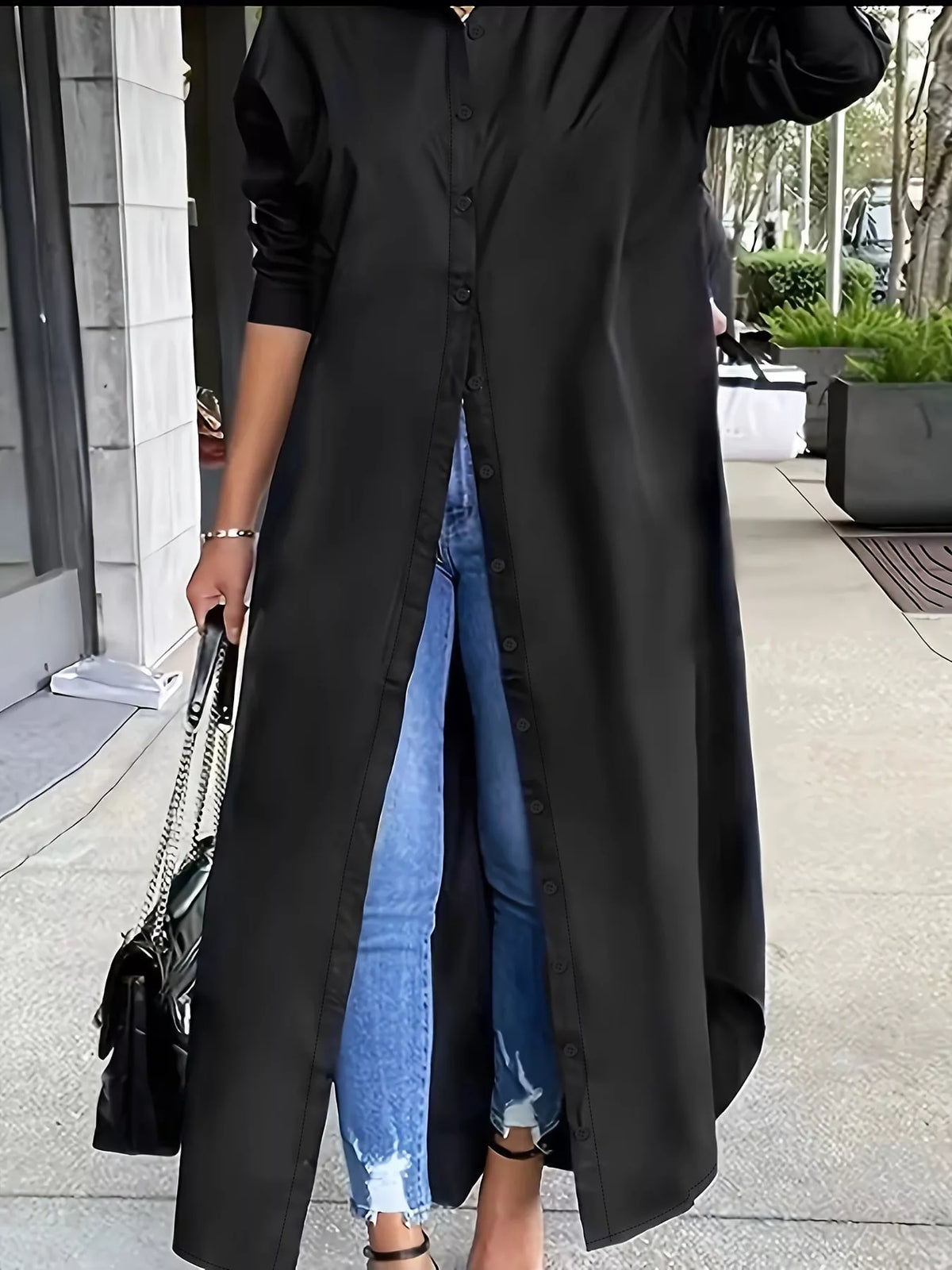 Plus Size Longline Button-Down Shirt - Black - View 8