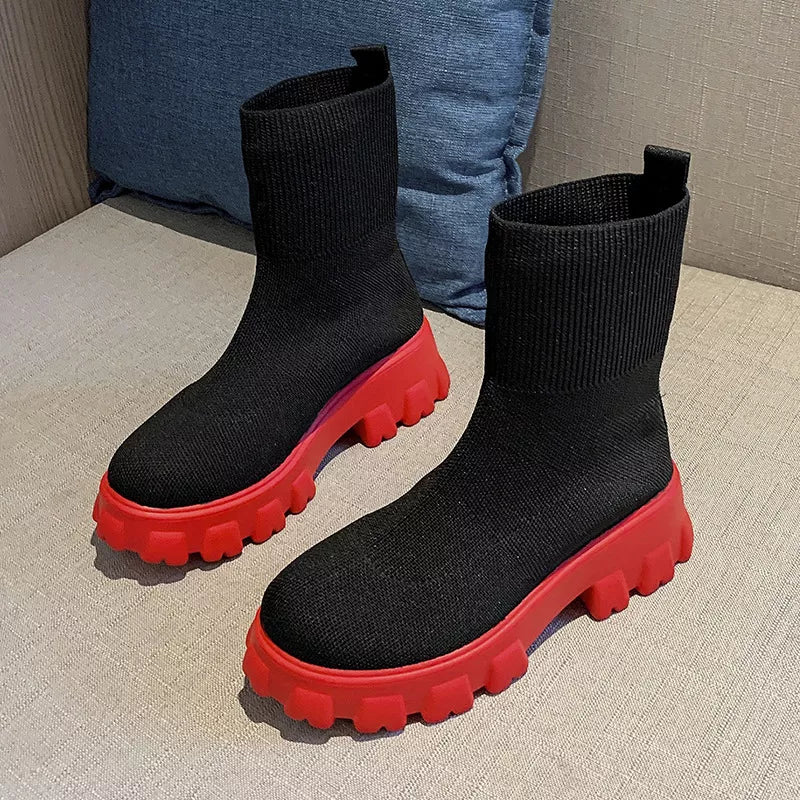 Round Toe Block Heels Boots - blackish red - View 5