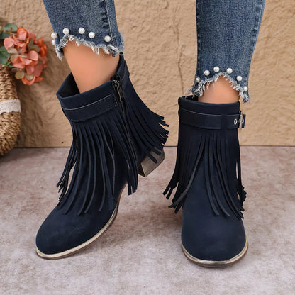 Fringe Ankle Boots with Buckle Detail - Blue - View 2