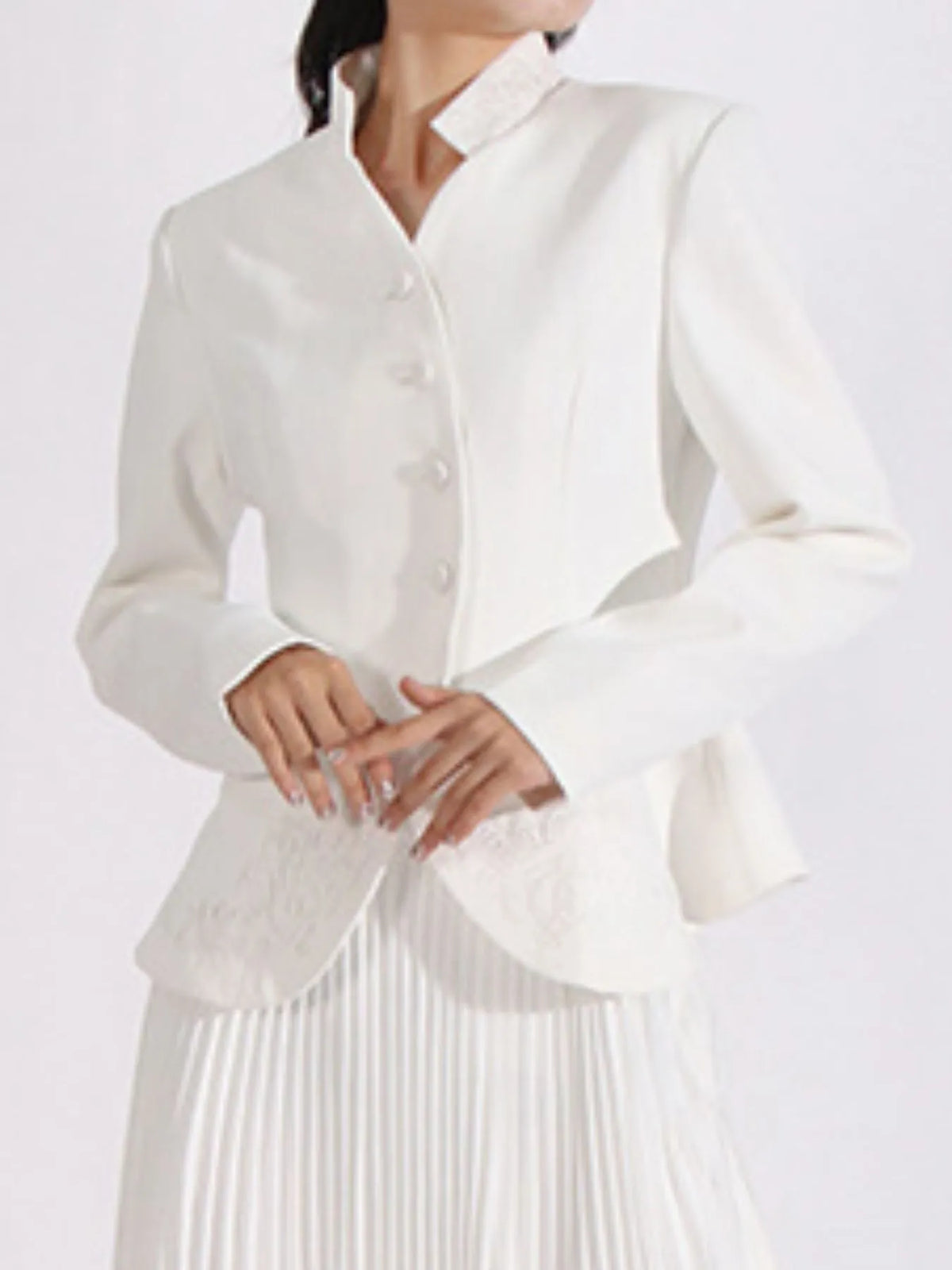 Button Up Long Sleeve Top and Pleated Skirt Set - White - View 10