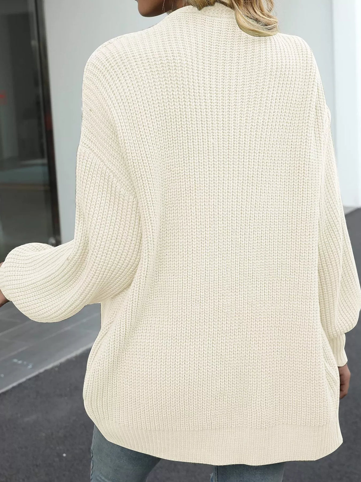 Chunky Knit Open Front Cardigan with Lantern Sleeves - Beige - View 22