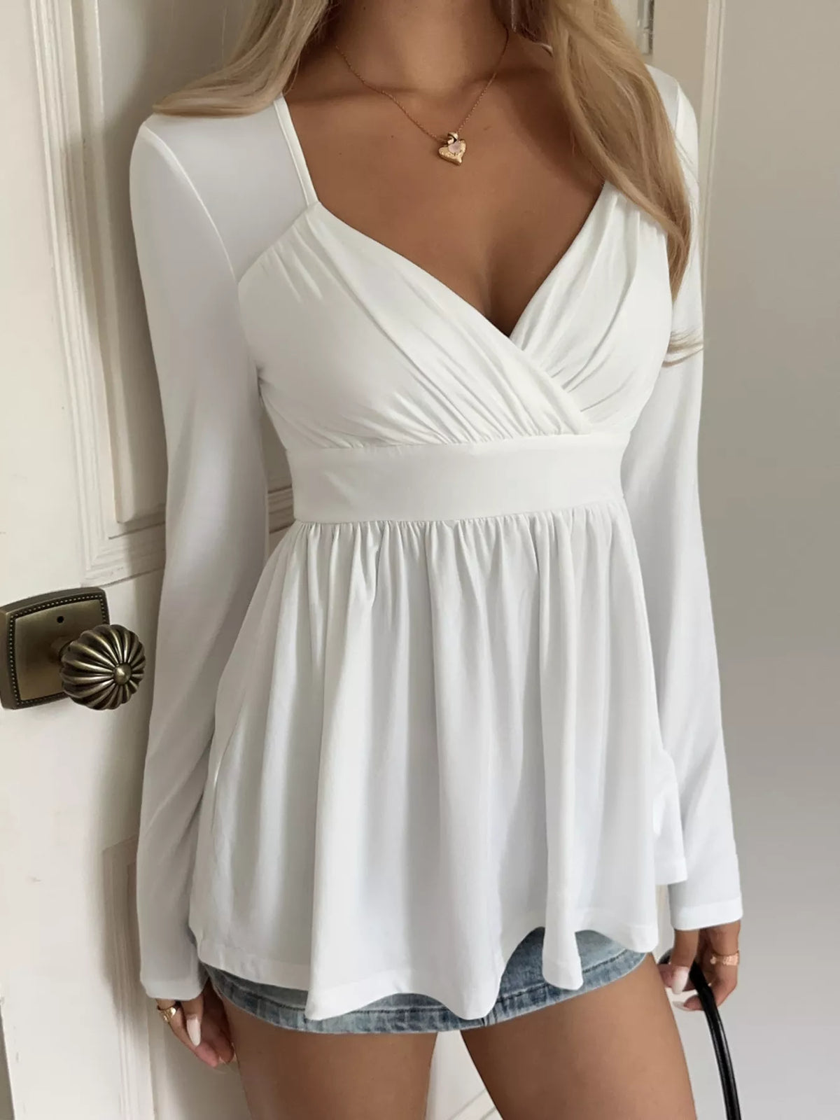 Surplice Peplum Long Sleeve Top - White - View 2
