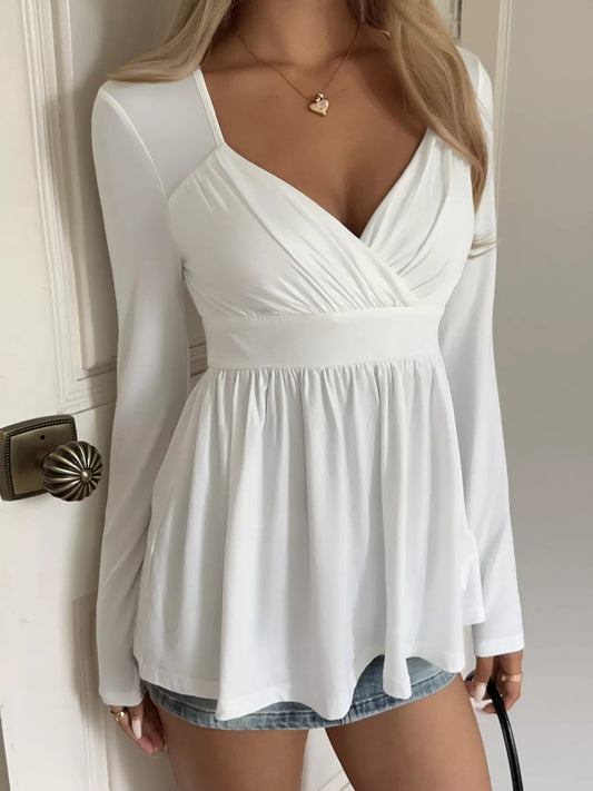 Surplice Peplum Long Sleeve Top - White - View 2