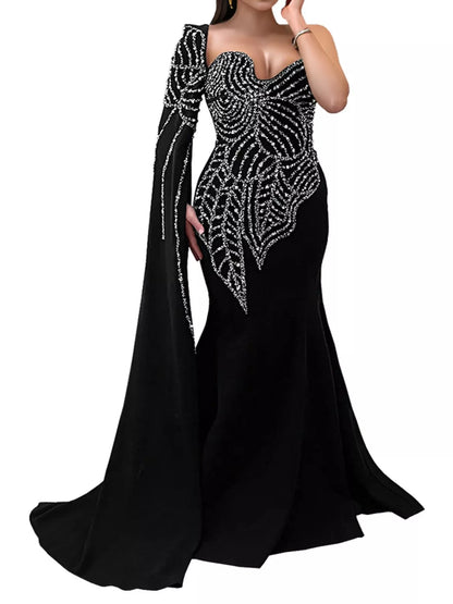 Rhinestone Pearl Detail One-Shoulder Mermaid Maxi Dress - Black - View 3