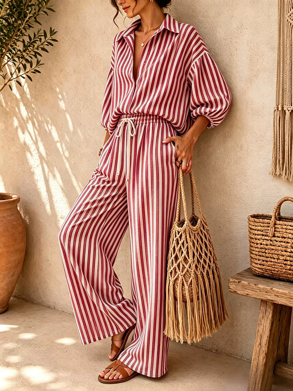 Striped Collared Shirt and Wide-Leg Drawstring Pants Set - Red - View 2