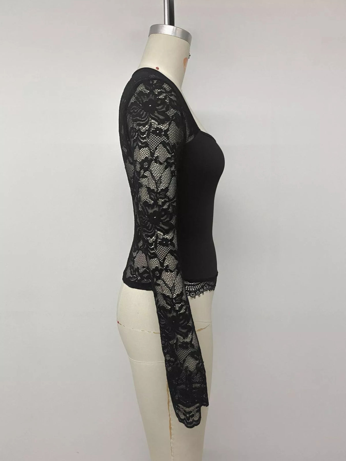 Lace Sleeve Square Neck Top - Black - View 8