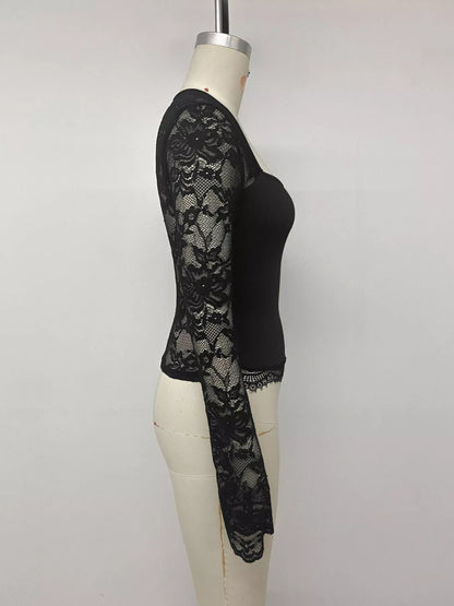 Lace Sleeve Square Neck Top - Black - View 8