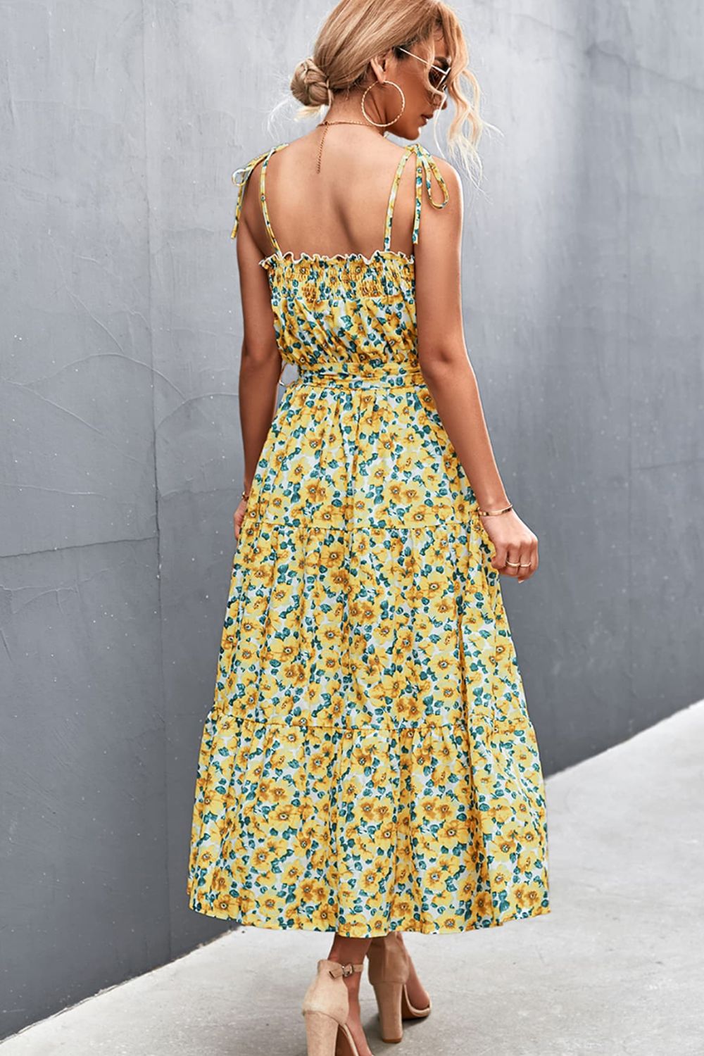 Floral Tie-Shoulder Belted Dress - Chartreuse - View 2
