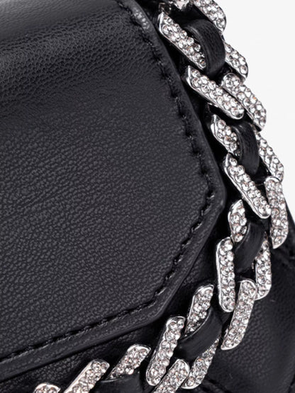 Quilted PU Leather Crossbody Bag with Rhinestone Decor - Black - View 13