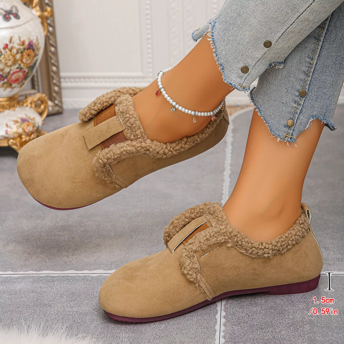 Faux Fur Lined Slip-Ons - Apricot - View 3