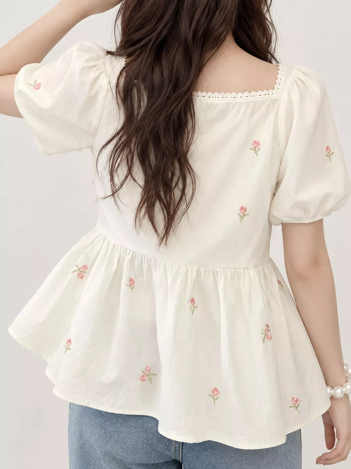 Floral Embroidered Puff Sleeve Peplum Blouse - Picture Color - View 2