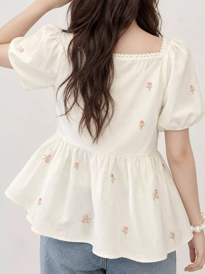 Floral Embroidered Puff Sleeve Peplum Blouse - Picture Color - View 2