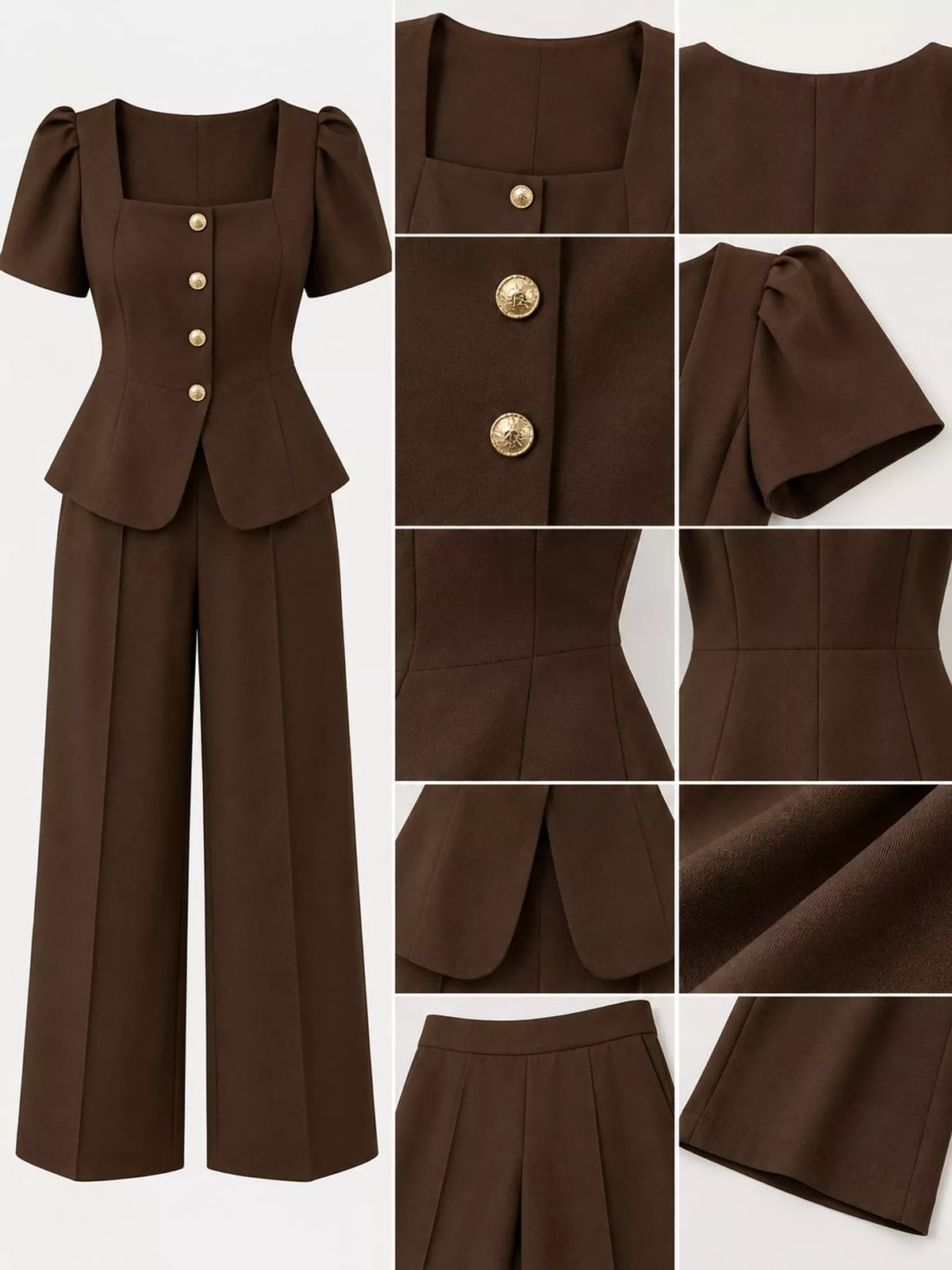 Plus Size Peplum Top and Wide-Leg Pants Two-Piece Set - Brown - View 20