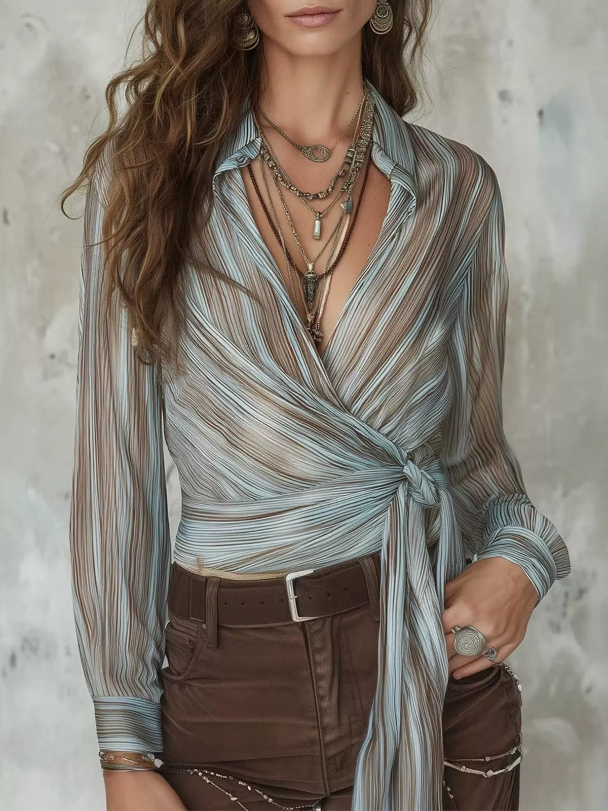 Striped Wrap Shirt with Tie-Front Detail - Sage - View 1