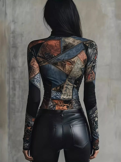Patchwork Printed Mock Neck Long Sleeve T-Shirt - Mixed Color - View 4