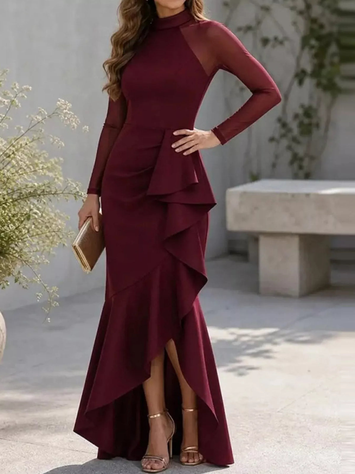 Mock Neck Long-Sleeve Ruffled Mermaid Evening Dress