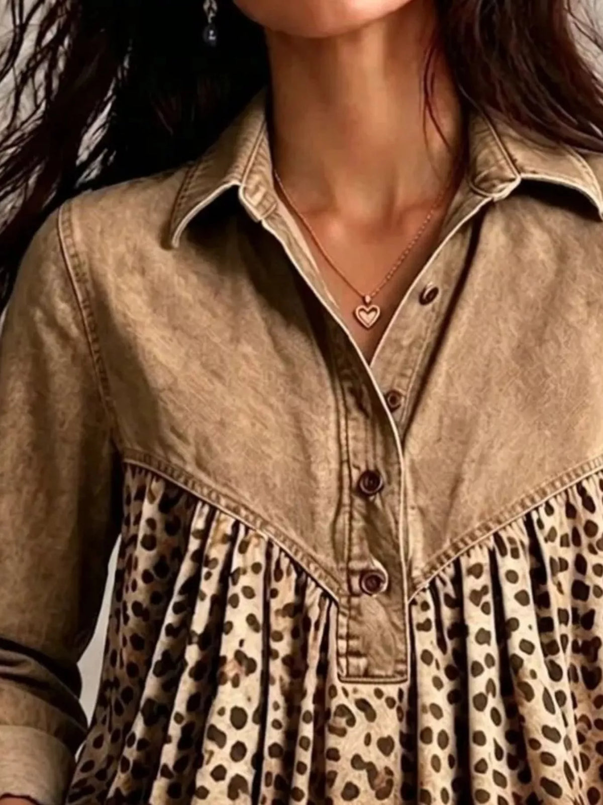 Full Size Leopard Button Detail Blouse Plus Size - Camel - View 2