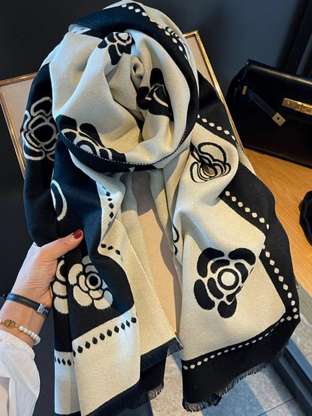Floral Pattern Raw Hem Scarf - Black - View 1