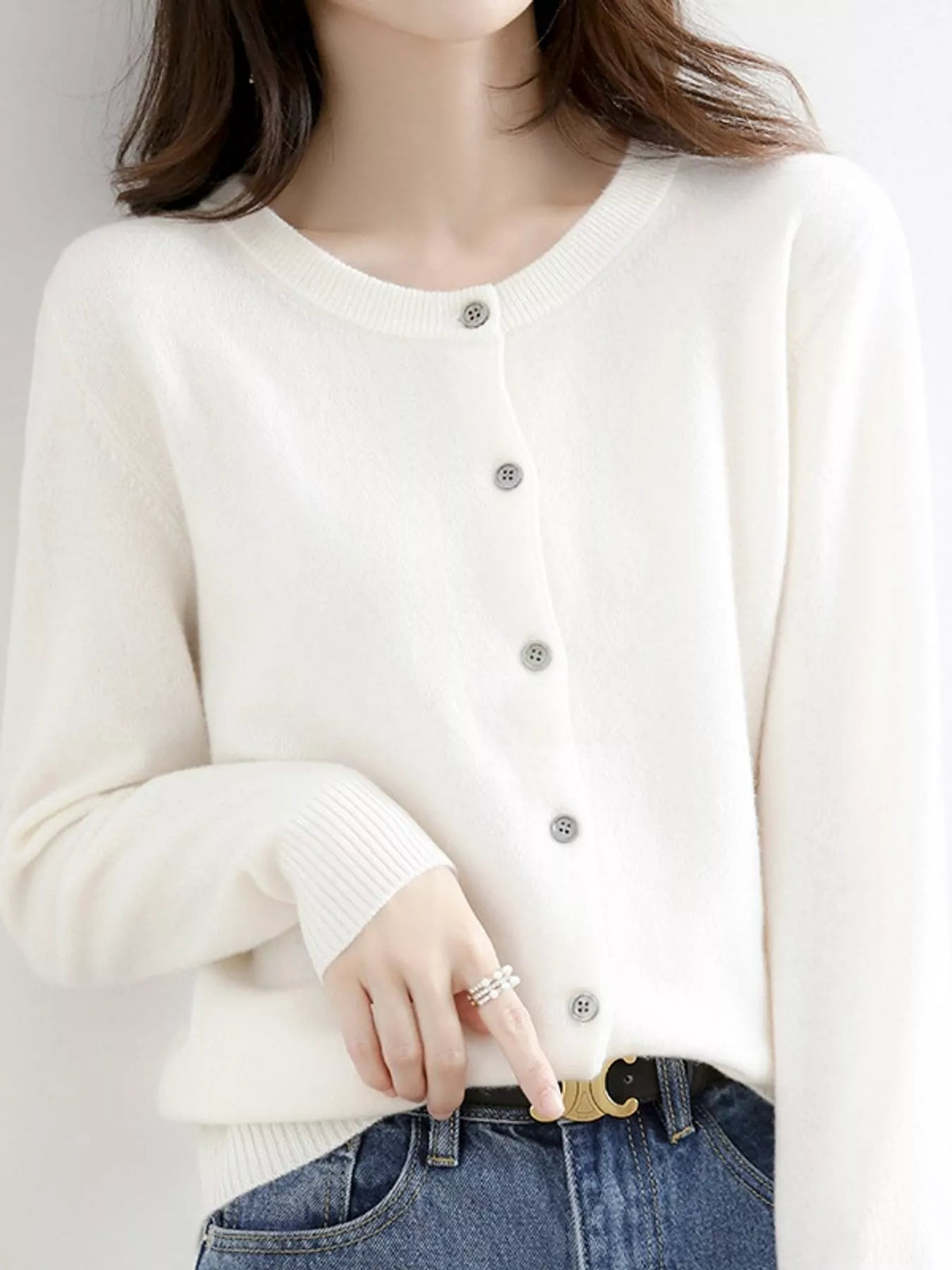Crew-Neck Button-Down Cardigan - Cream White - View 38