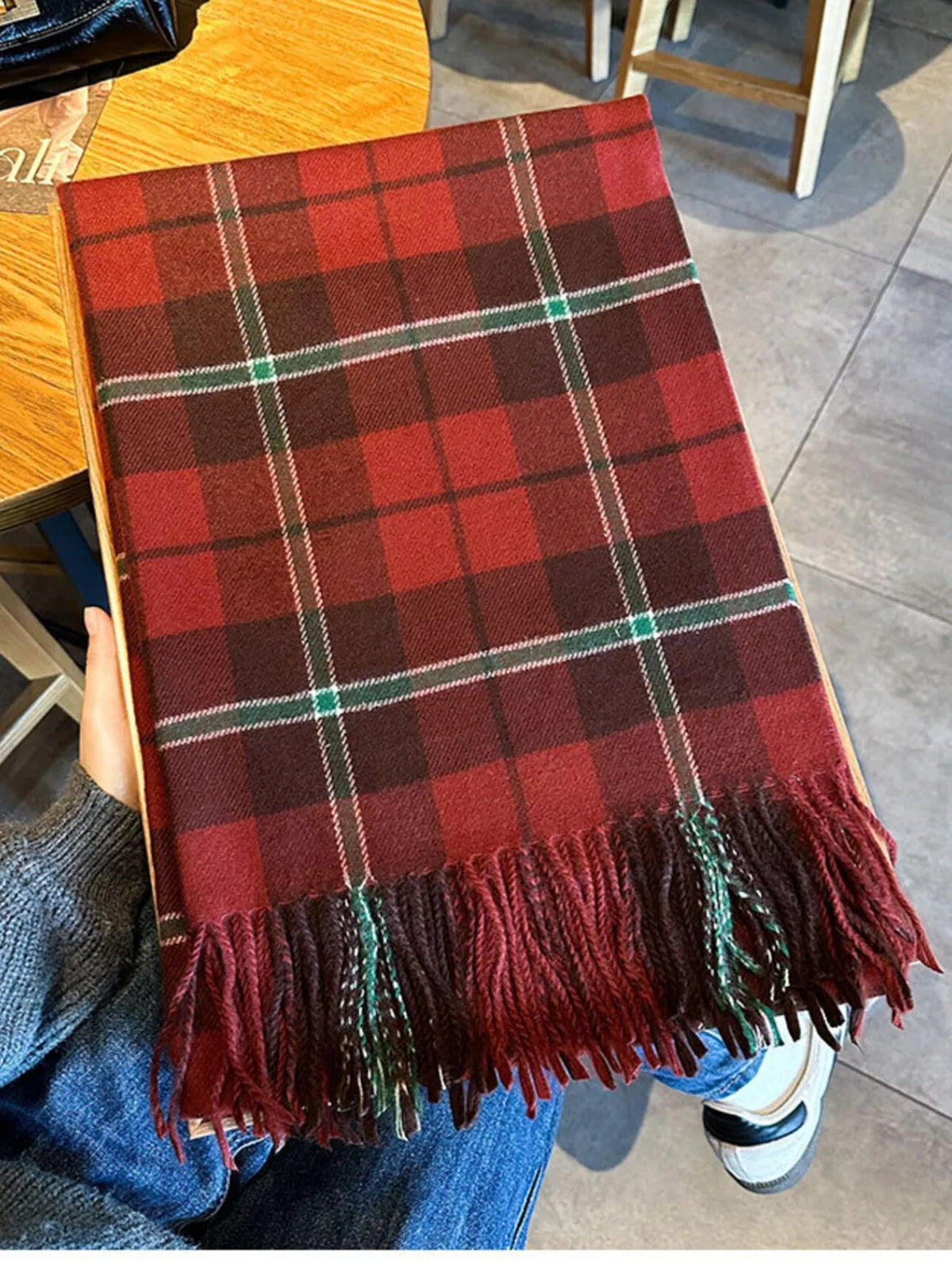 Classic Plaid Fringe Scarf - Red - View 2