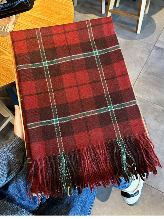 Classic Plaid Fringe Scarf - Red - View 2