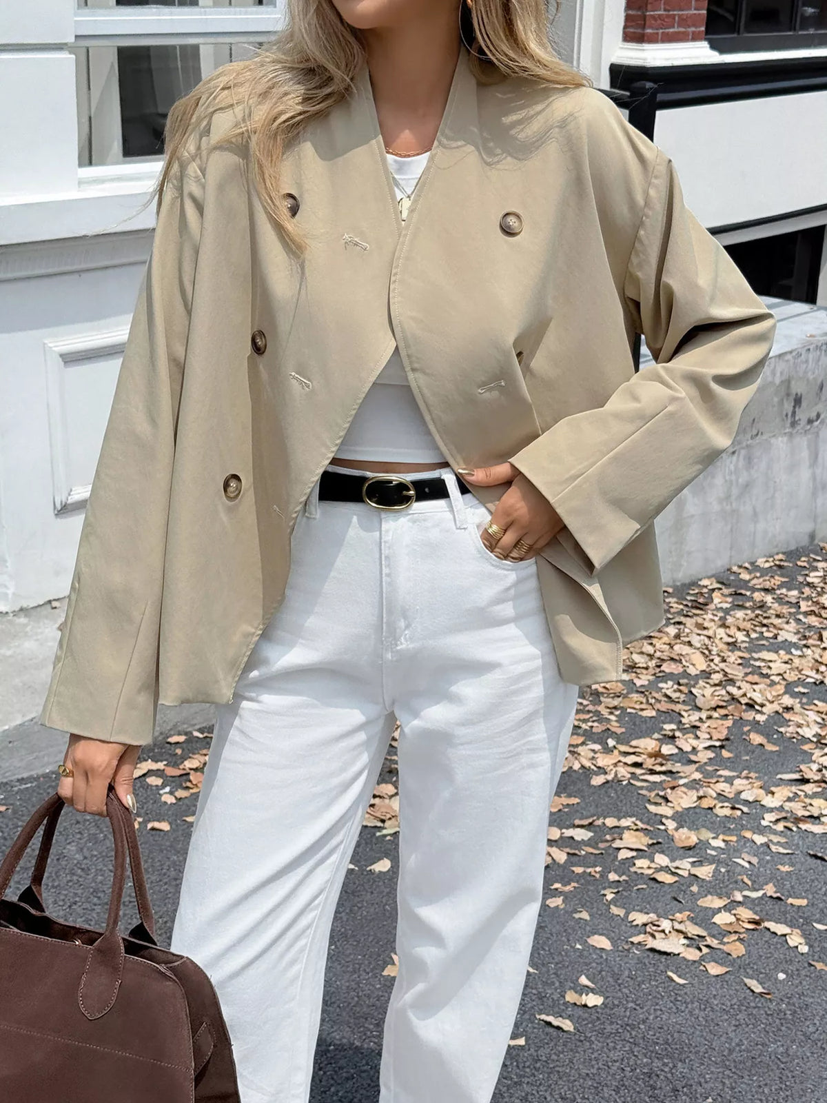 Double-Breasted Long Sleeve Jacket - Apricot - View 10