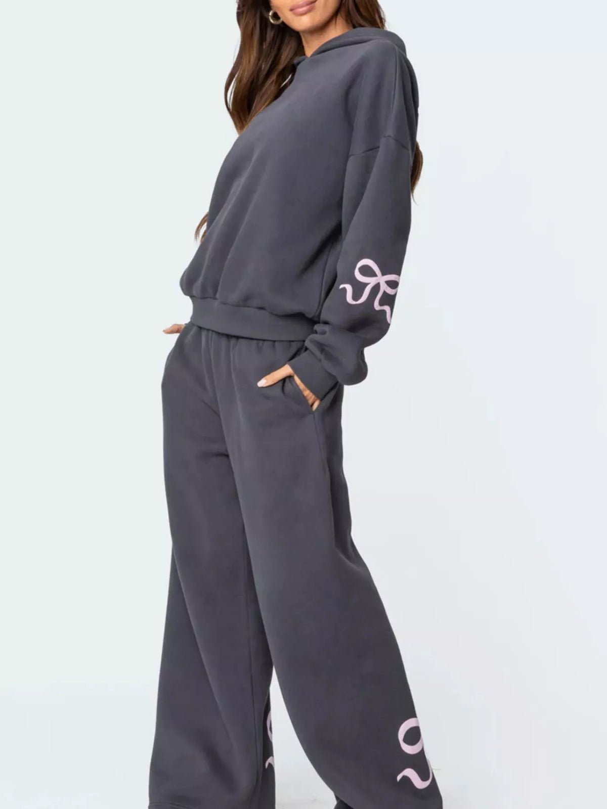 Bow and Heart Dropped Shoulder Hoodie and Pants Set - Grey - View 4