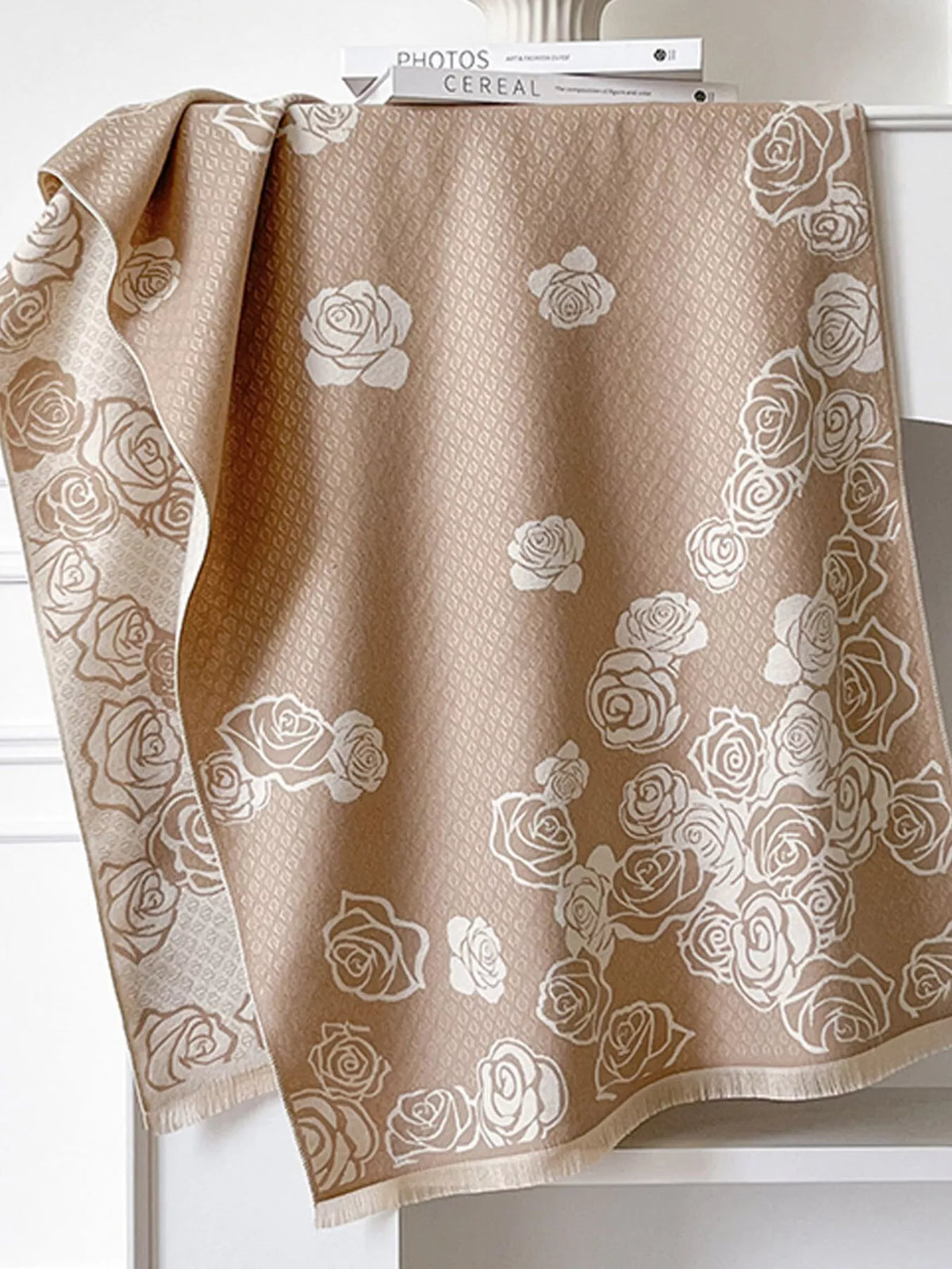 Rose Pattern Warm Scarf - Khaki - View 11