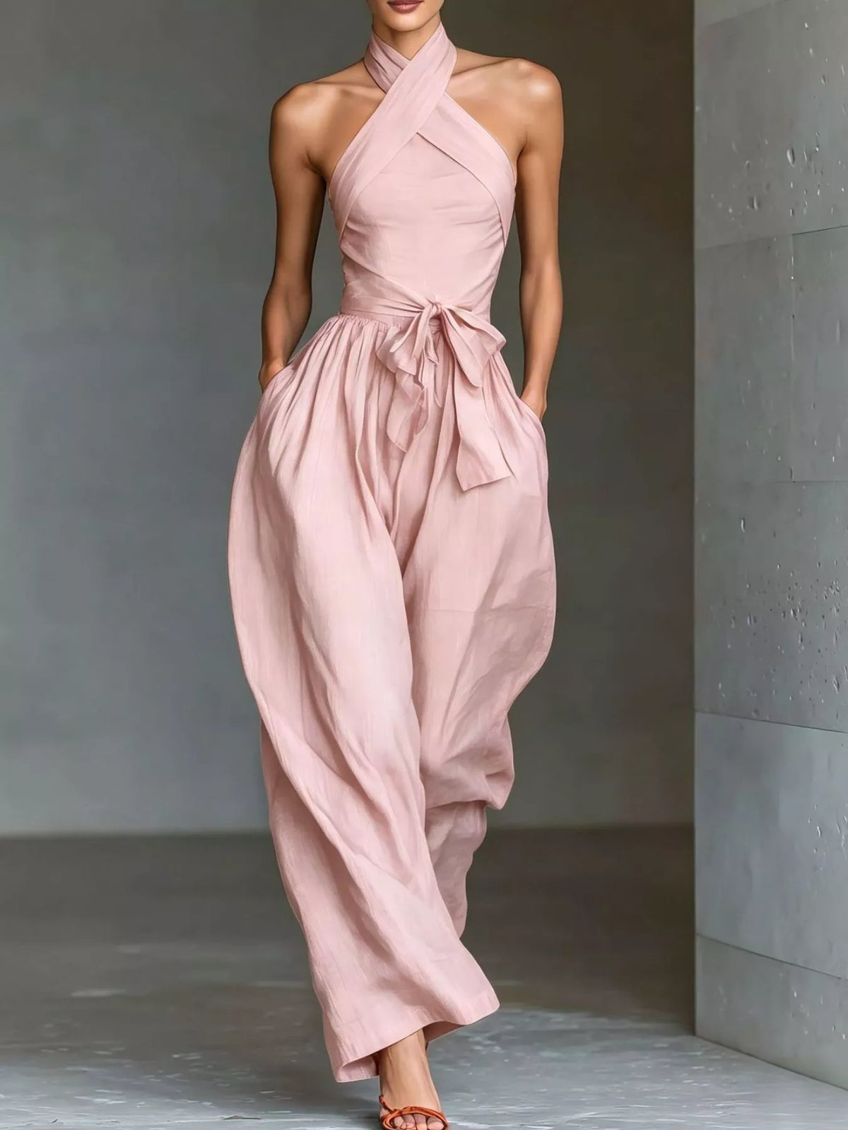 Halter Neck Wide-Leg Jumpsuit with Waist-Tie Detail - Pink - View 1