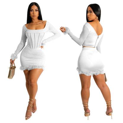 Square collar backless short skirt solid color set