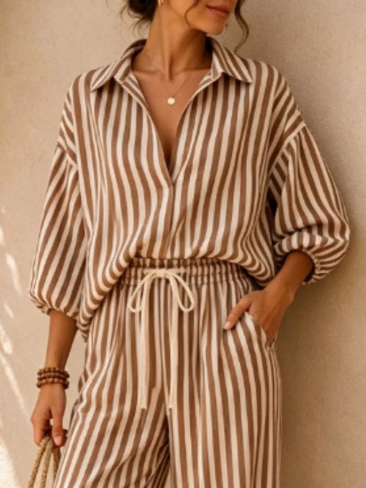 Striped Collared Shirt and Wide-Leg Drawstring Pants Set - Khaki - View 2