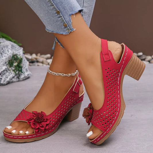 Floral Accent Block Heel Sandals - Red - View 2