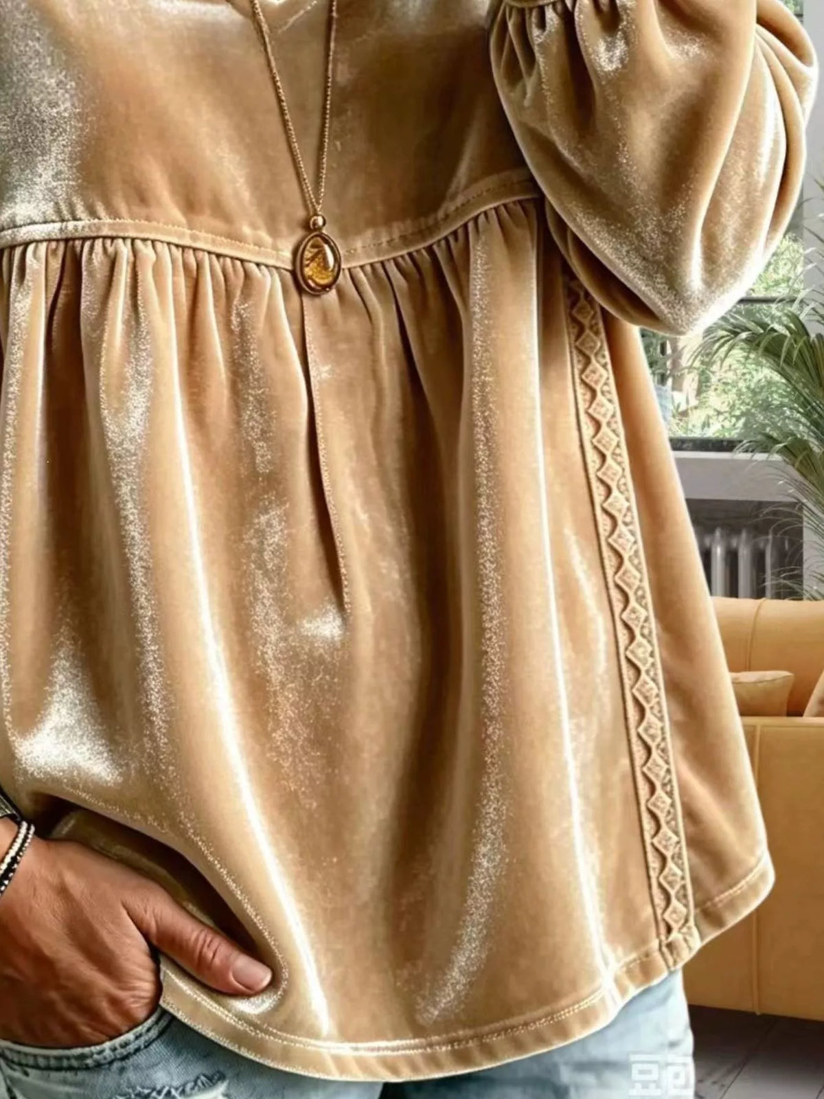 Full Size Velvet Lace Detail V-Neck Blouse Plus Size - Gold - View 8