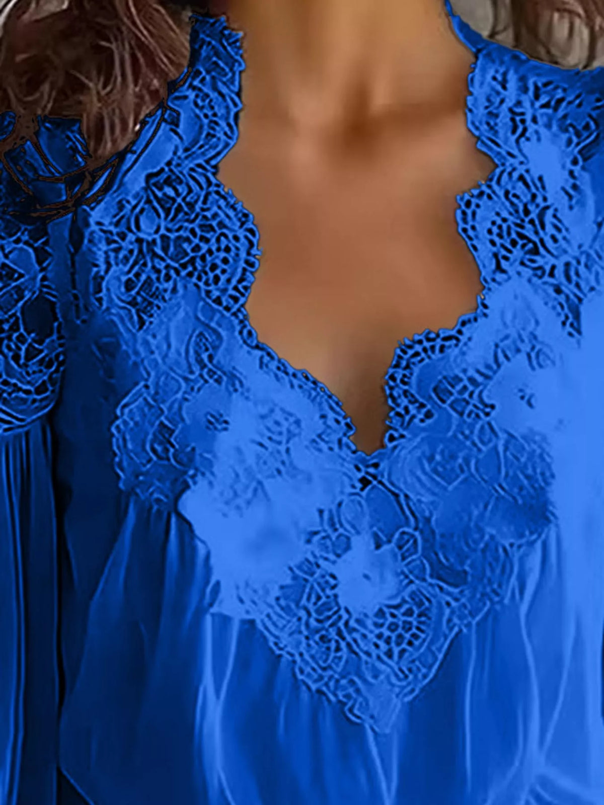 Full Size Lace V-Neck Flounce Sleeve Blouse Plus Size - Blue - View 32